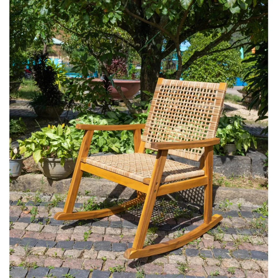 Nordlys Rocking chair intérieur extérieur en acacia et corde Marron New