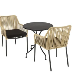 Macabane Salon de jardin 2 personnes Table ronde 70x70cm et 2 fauteuils beiges et noirs en cordage Best