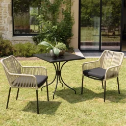 Macabane Salon de jardin 2 personnes Table carrée et 2 fauteuils beiges et noirs en cordage Discount