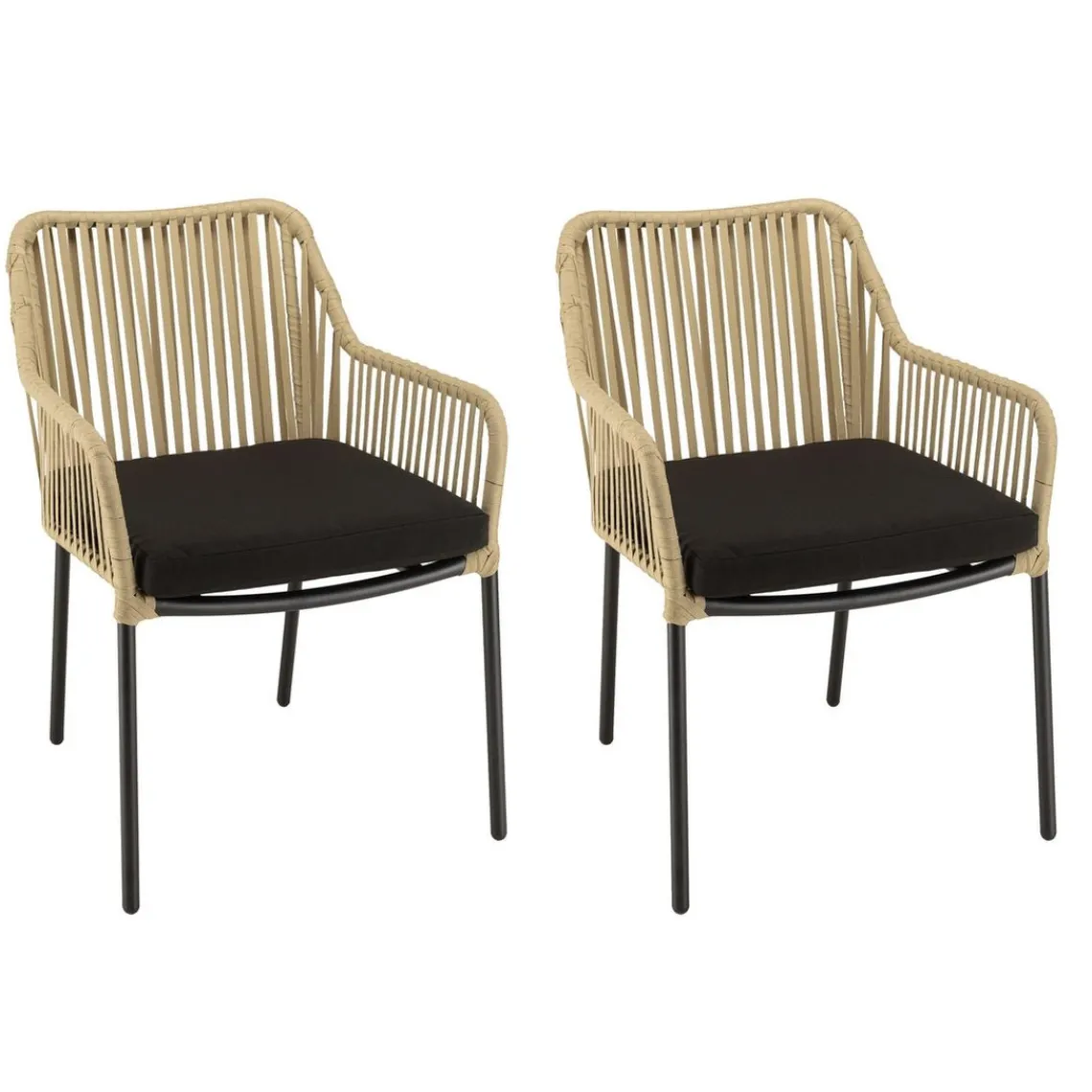 Macabane Salon de jardin 2 personnes Table carrée et 2 fauteuils beiges et noirs en cordage Discount