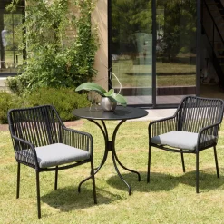 Macabane Salon de jardin 2 personnes Table ronde 70x70cm et 2 fauteuils gris et noirs en cordage Best