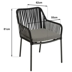 Macabane Salon de jardin 2 personnes Table ronde 70x70cm et 2 fauteuils gris et noirs en cordage Best