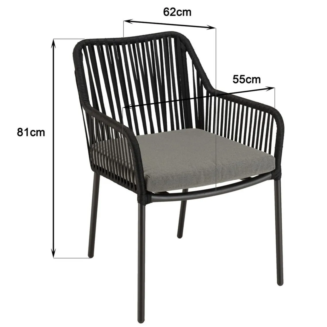 Macabane Salon de jardin 2 personnes Table ronde 70x70cm et 2 fauteuils gris et noirs en cordage Best