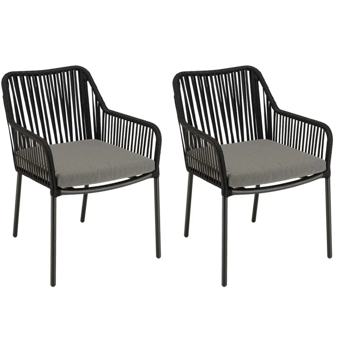 Macabane Salon de jardin 2 personnes Table ronde 70x70cm et 2 fauteuils gris et noirs en cordage Best