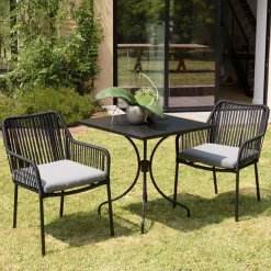 Macabane Salon de jardin 2 personnes Table carrée et 2 fauteuils gris et noirs en cordage Sale