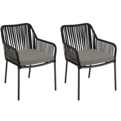 Macabane Salon de jardin 2 personnes Table carrée et 2 fauteuils gris et noirs en cordage Sale