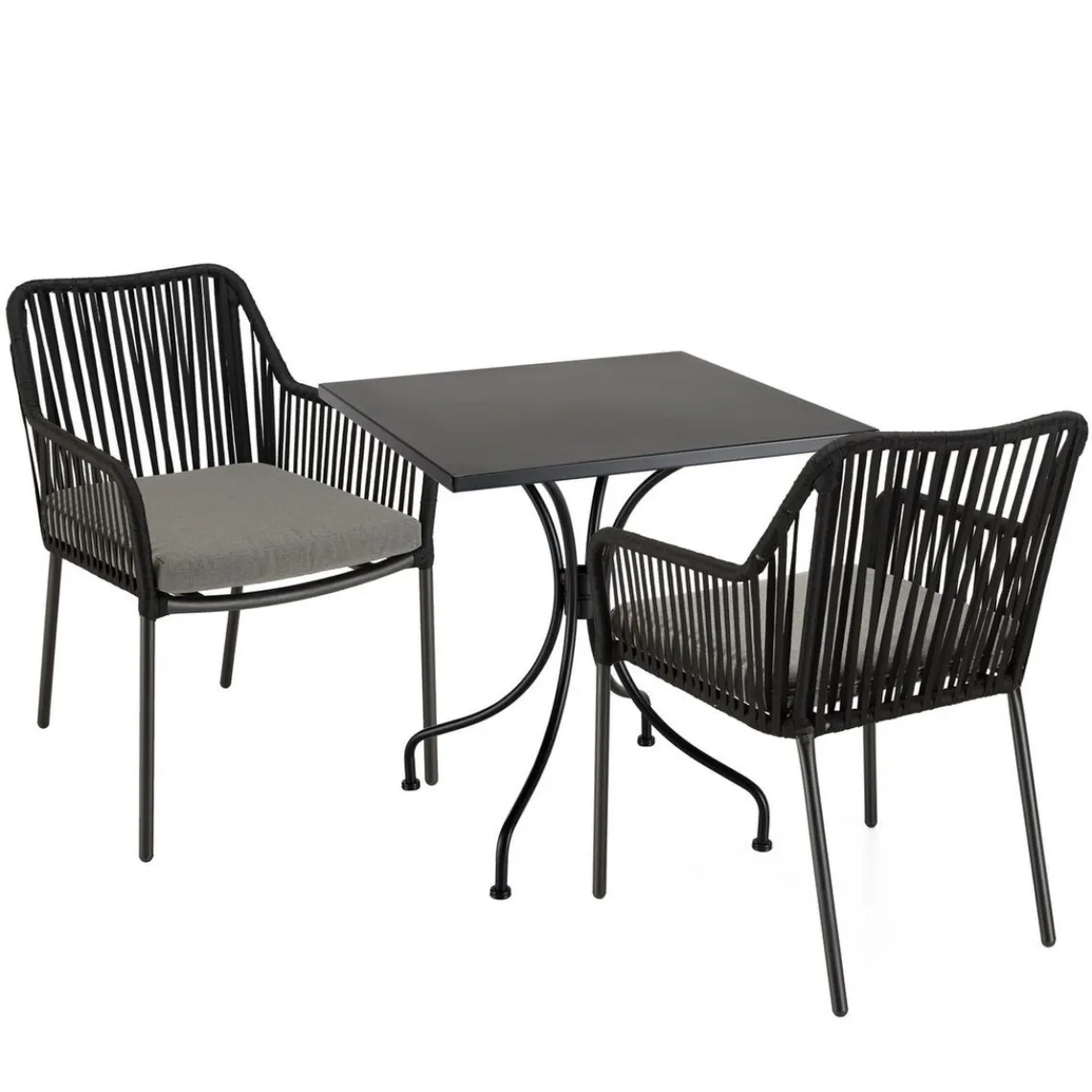 Macabane Salon de jardin 2 personnes Table carrée et 2 fauteuils gris et noirs en cordage Sale