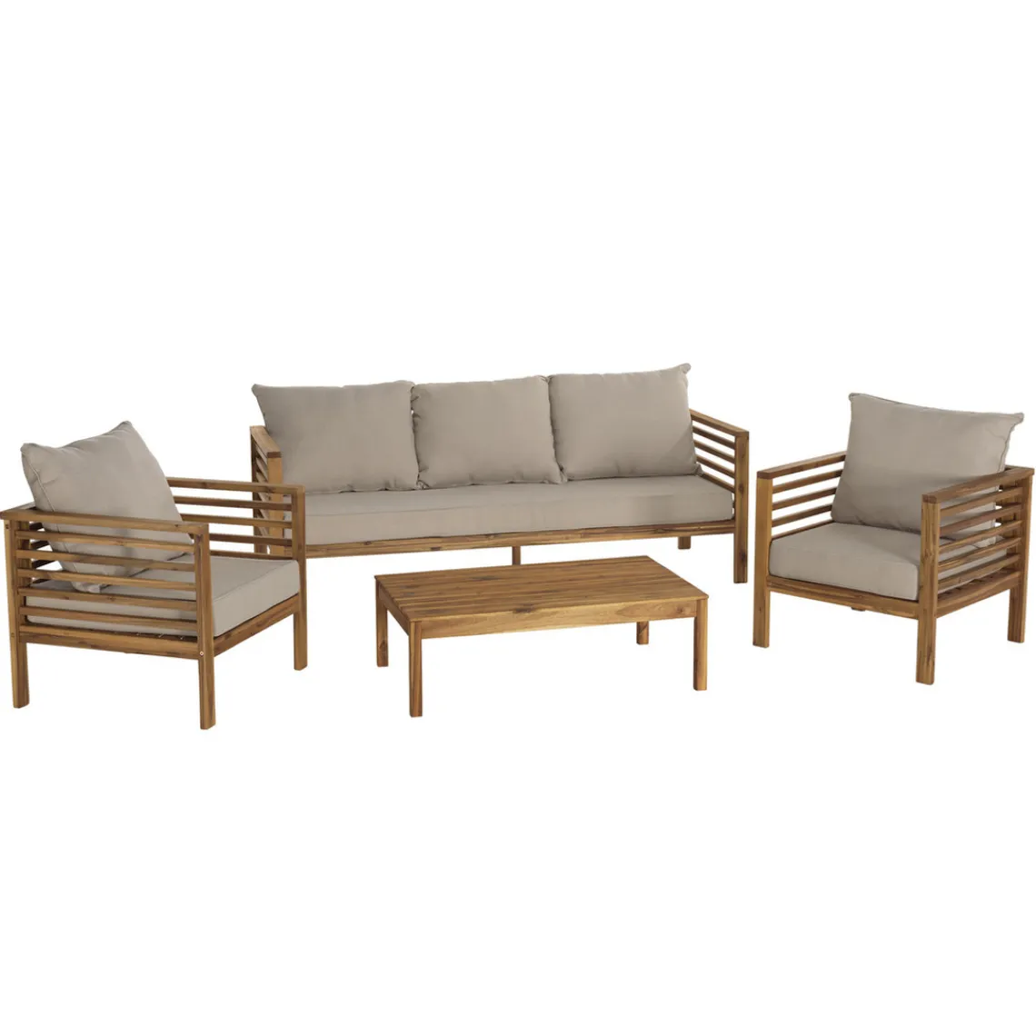 Macabane SALON DE JARDIN EN BOIS ACACIA 5 pers. - 1 Canapé 3 places, 2 fauteuils et 1 table basse rectangulaire 100 x 60 cm