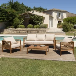 Macabane SALON DE JARDIN EN BOIS ACACIA 5 pers. - 1 Canapé 3 places, 2 fauteuils et 1 table basse rectangulaire 100 x 60 cm