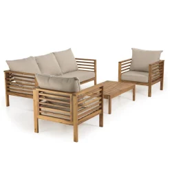 Macabane SALON DE JARDIN EN BOIS ACACIA 5 pers. - 1 Canapé 3 places, 2 fauteuils et 1 table basse rectangulaire 100 x 60 cm