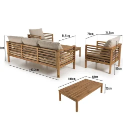 Macabane SALON DE JARDIN EN BOIS ACACIA 5 pers. - 1 Canapé 3 places, 2 fauteuils et 1 table basse rectangulaire 100 x 60 cm