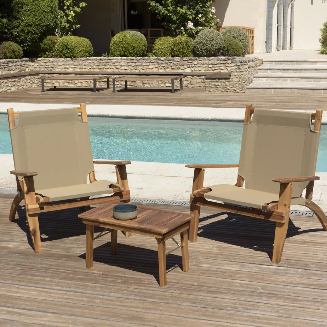 Macabane SALON DE JARDIN EN BOIS ACACIA 2 pers - 2 fauteuils et 1 table basse 63,5 x 36 cm New