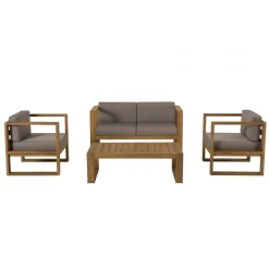 Macabane SALON DE JARDIN EN BOIS TECK : 1 Canapé 2 places, 2 fauteuils avec coussins waterproof et une table basse 110x60 cm Discount