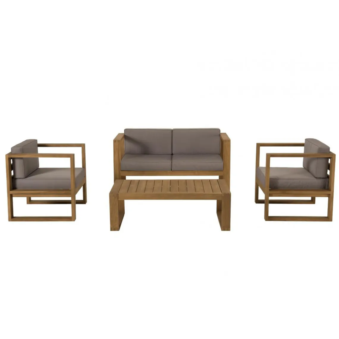 Macabane SALON DE JARDIN EN BOIS TECK : 1 Canapé 2 places, 2 fauteuils avec coussins waterproof et une table basse 110x60 cm Discount