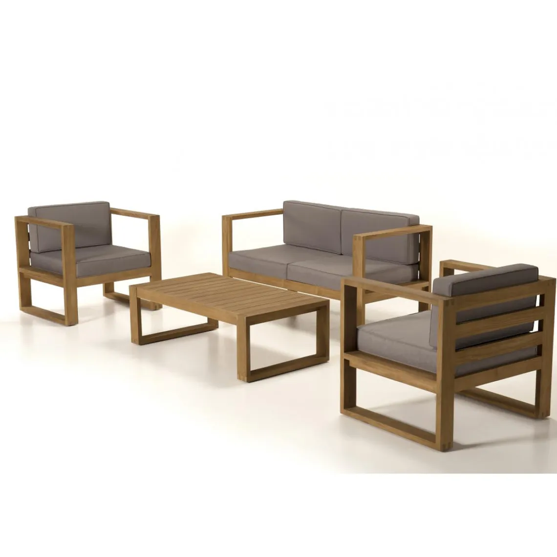 Macabane SALON DE JARDIN EN BOIS TECK : 1 Canapé 2 places, 2 fauteuils avec coussins waterproof et une table basse 110x60 cm Discount