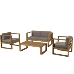 Macabane SALON DE JARDIN EN BOIS TECK : 1 Canapé 2 places, 2 fauteuils avec coussins waterproof et une table basse 110x60 cm Discount