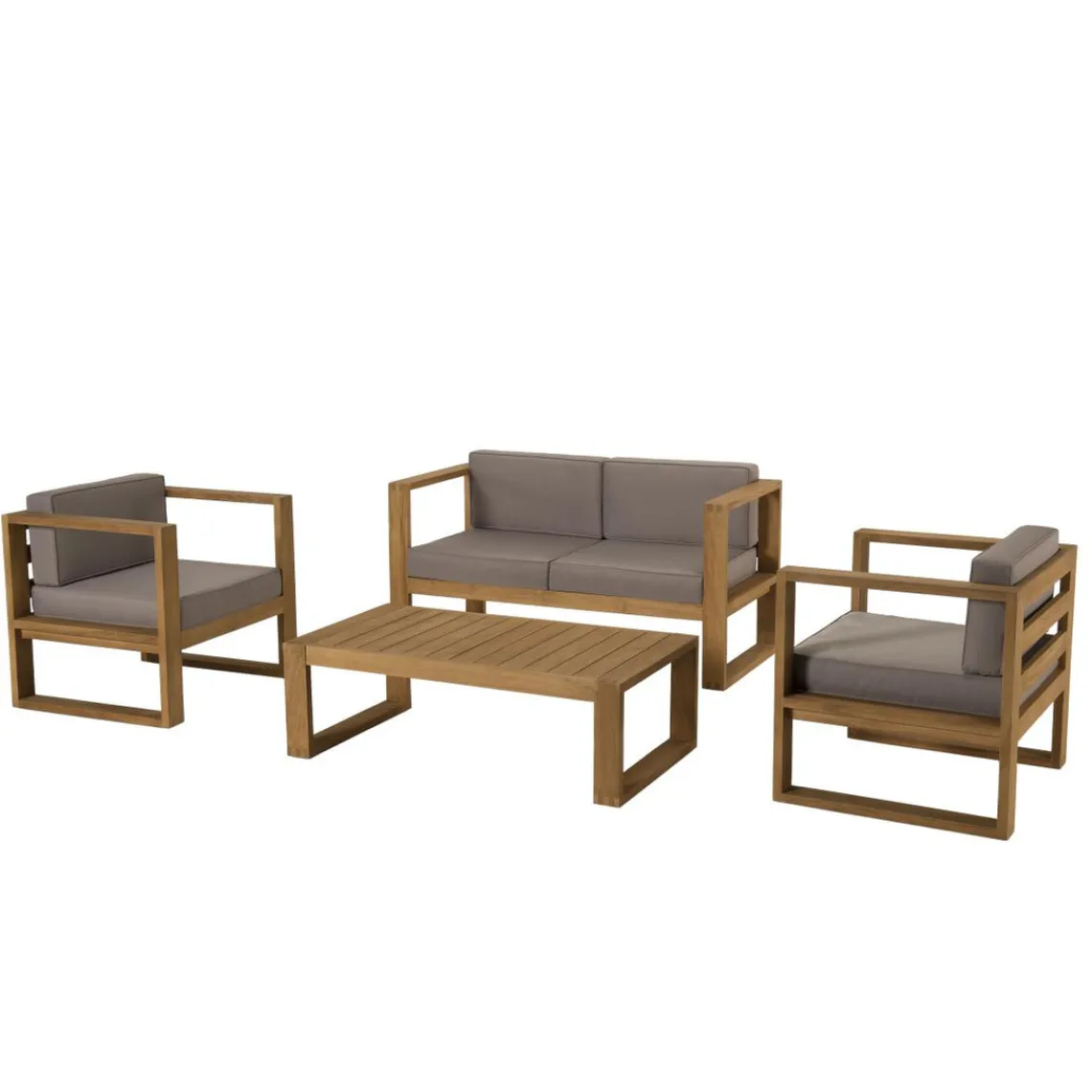 Macabane SALON DE JARDIN EN BOIS TECK : 1 Canapé 2 places, 2 fauteuils avec coussins waterproof et une table basse 110x60 cm Discount