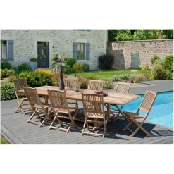Macabane SALON DE JARDIN EN BOIS TECK 10/12 pers - Ensemble de jardin - 1 Table rectangulaire extensible 200/300*120cm et 8 chaises New