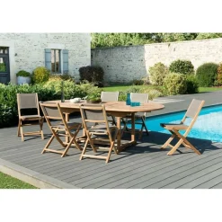 Macabane SALON DE JARDIN EN BOIS TECK 8/10 personnes - Ensemble de jardin . 1 Table ovale extensible 180/240*100 cm et 6 chaises taupe Sale