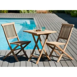 Macabane SALON DE JARDIN EN BOIS TECK 2 personnes : Ensemble de jardin - 1 Table carrée pliante 60 cm et 2 chaises Outlet