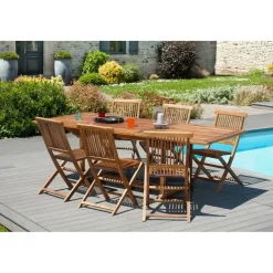 Macabane SALON DE JARDIN EN BOIS TECK HUILE 4/6 pers : Ensemble de jardin - 1 Table rectangulaire extensible 120*180/90 cm et 6 chaises Hot