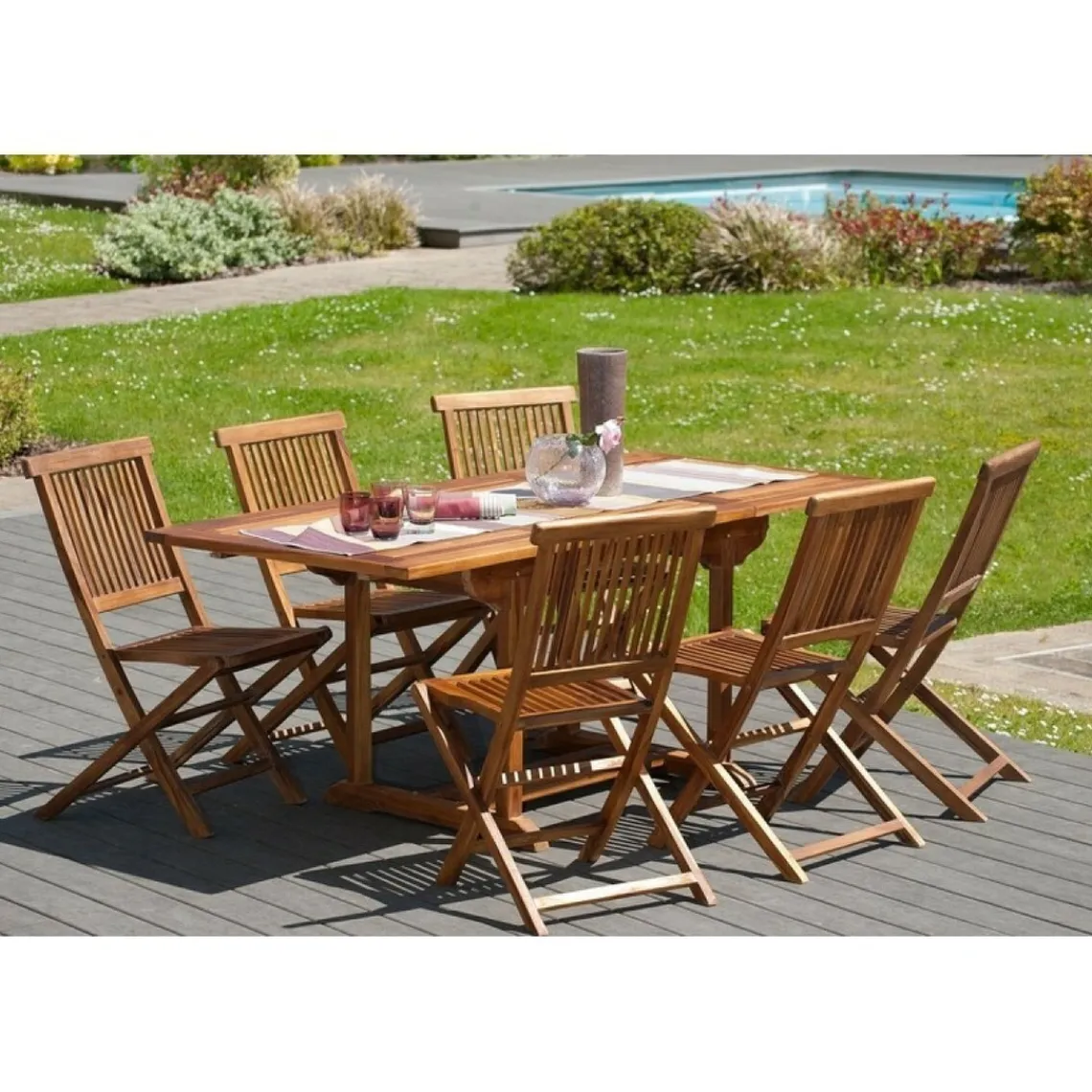 Macabane SALON DE JARDIN EN BOIS TECK HUILE 4/6 pers : Ensemble de jardin - 1 Table rectangulaire extensible 120*180/90 cm et 6 chaises Hot