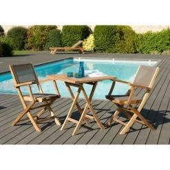 Macabane SALON DE JARDIN EN BOIS TECK 2 pers : Ensemble de jardin - 1 Table carrée pliante 70 cm et 2 fauteuils pliants textilène couleur taupe Best