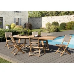 Macabane SALON DE JARDIN EN BOIS TECK 8/10 pers -Ensemble de jardin - 1 Table rectangulaire extensible 180*240/100 cm et 6 chaises textilène taupe Online