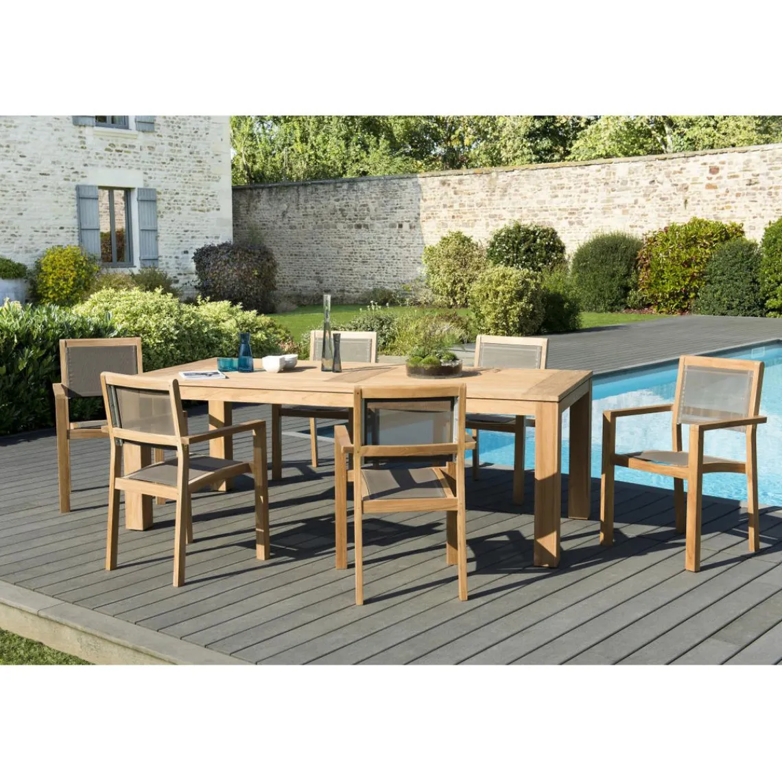 Macabane SALON DE JARDIN EN BOIS TECK 6/8 pers -Ensemble de jardin -1 Table rectangulaire 220*100 cm et 6 fauteuils empilables textilène