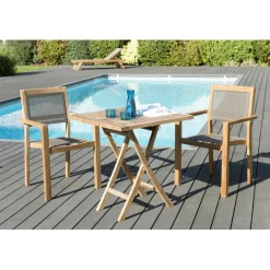 Macabane SALON DE JARDIN EN BOIS TECK 2 pers - Ensemble de jardin - 1 Table carrée pliante 70 cm et 2 fauteuils empilables textilène taupe Sale