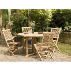 Macabane SALON DE JARDIN EN BOIS TECK 4/6 pers : Ensemble de jardin - 1 Table ronde à rabats papillon diam 120 cm et 4 chaises Best