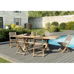 Macabane SALON DE JARDIN EN BOIS TECK 8/10 pers -Ensemble de jardin - 1 Table rectangulaire extensible pieds croisés 180*240/100 cm et 6 chaises textilène taupe Hot