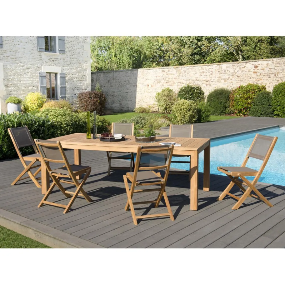 Macabane SALON DE JARDIN EN BOIS TECK 6/8 personnes - Ensemble de jardin - 1 Table rectangulaire 220*100 cm et 6 chaises textilène taupe New