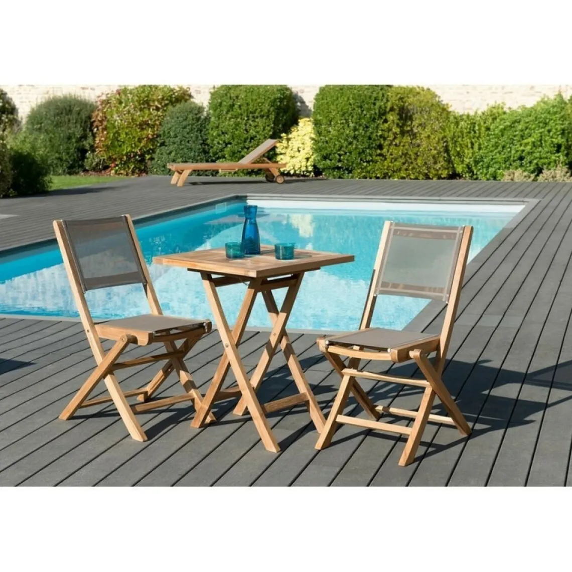 Macabane SALON DE JARDIN EN BOIS TECK 2 pers - Ensemble de jardin - 1 Table carrée pliante 60 cm et 2 chaises textilène couleur taupe. Online
