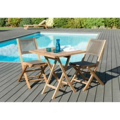Macabane SALON DE JARDIN EN BOIS TECK 2 pers -Ensemble de jardin - 1 Table carrée pliante 70 cm et 2 chaises textilène taupe