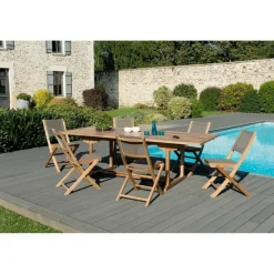 Macabane SALON DE JARDIN EN BOIS TECK 8/10 pers - Ensemble de jardin - 1 Table rectangulaire extensible 180/240*100 cm et 6 chaises taupe Discount