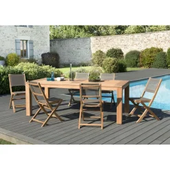 Macabane SALON DE JARDIN EN BOIS TECK 6/8 pers - Ensemble de jardin . 1 Table rectangulaire 220*100 cm et 6 chaises textilène taupe New