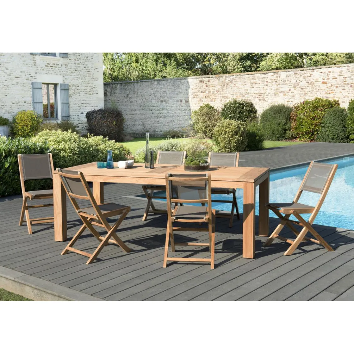 Macabane SALON DE JARDIN EN BOIS TECK 6/8 pers - Ensemble de jardin . 1 Table rectangulaire 220*100 cm et 6 chaises textilène taupe New