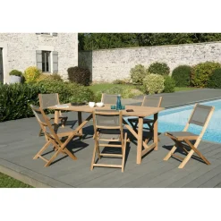 Macabane SALON DE JARDIN EN BOIS TECK 6/8 pers - Ensemble de jardin-1 Table rectangulaire 180*90 cm avec 6 chaises textilène taupe Online