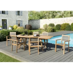 Macabane SALON DE JARDIN EN BOIS TECK 8/10 pers - Ensemble de jardin - 1 Table rectangulaire scandi extensible 180/240*100 cm - 6 fauteuils empilables textilène couleur taupe. Outlet