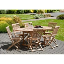 Macabane SALON DE JARDIN EN BOIS TECK 4/6 pers - Ensemble de jardin - 1 Table ovale extensible 120/180*90 cm et 6 chaises Clearance