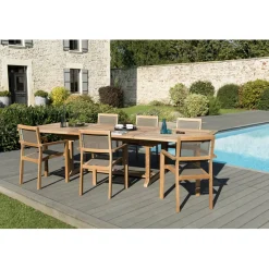 Macabane SALON DE JARDIN EN BOIS TECK 10/12 pers - Ensemble de jardin - 1 Table rectangulaire extensible 200/300*120 cm 6 fauteuils empilables textilène taupe Sale