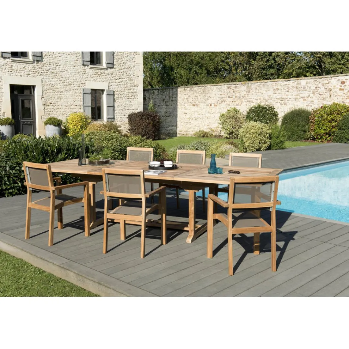 Macabane SALON DE JARDIN EN BOIS TECK 10/12 pers - Ensemble de jardin - 1 Table rectangulaire extensible 200/300*120 cm 6 fauteuils empilables textilène taupe Sale