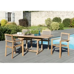 Macabane SALON DE JARDIN EN BOIS TECK 4/6 pers - Ensemble de jardin -1 Table rectangulaire extensible 120/180*90 cm - 4 fauteuils empilables taupe New