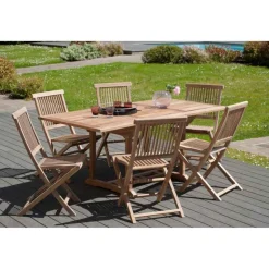 Macabane SALON DE JARDIN EN BOIS TECK 4/6 pers : Ensemble de jardin - 1 Table rectangulaire extensible 120/180*90 cm et 6 chaises Outlet