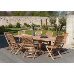 Macabane SALON DE JARDIN EN BOIS TECK 10/12 pers : Ensemble de jardin - 1 Table ovale extensible 200*300/120cm et 8 chaises Sale