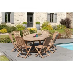 Macabane SALON DE JARDIN EN BOIS TECK 10/12 pers : Ensemble de jardin - 1 Table ovale extensible 200*300/120cm et 8 chaises Sale