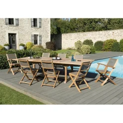 Macabane SALON DE JARDIN EN BOIS TECK 10/12 pers - Ensemble de jardin - 1 Table rectangulaire extensible 200*300/120 cm - 6 chaises et 2 fauteuils textilène couleur taupe Outlet