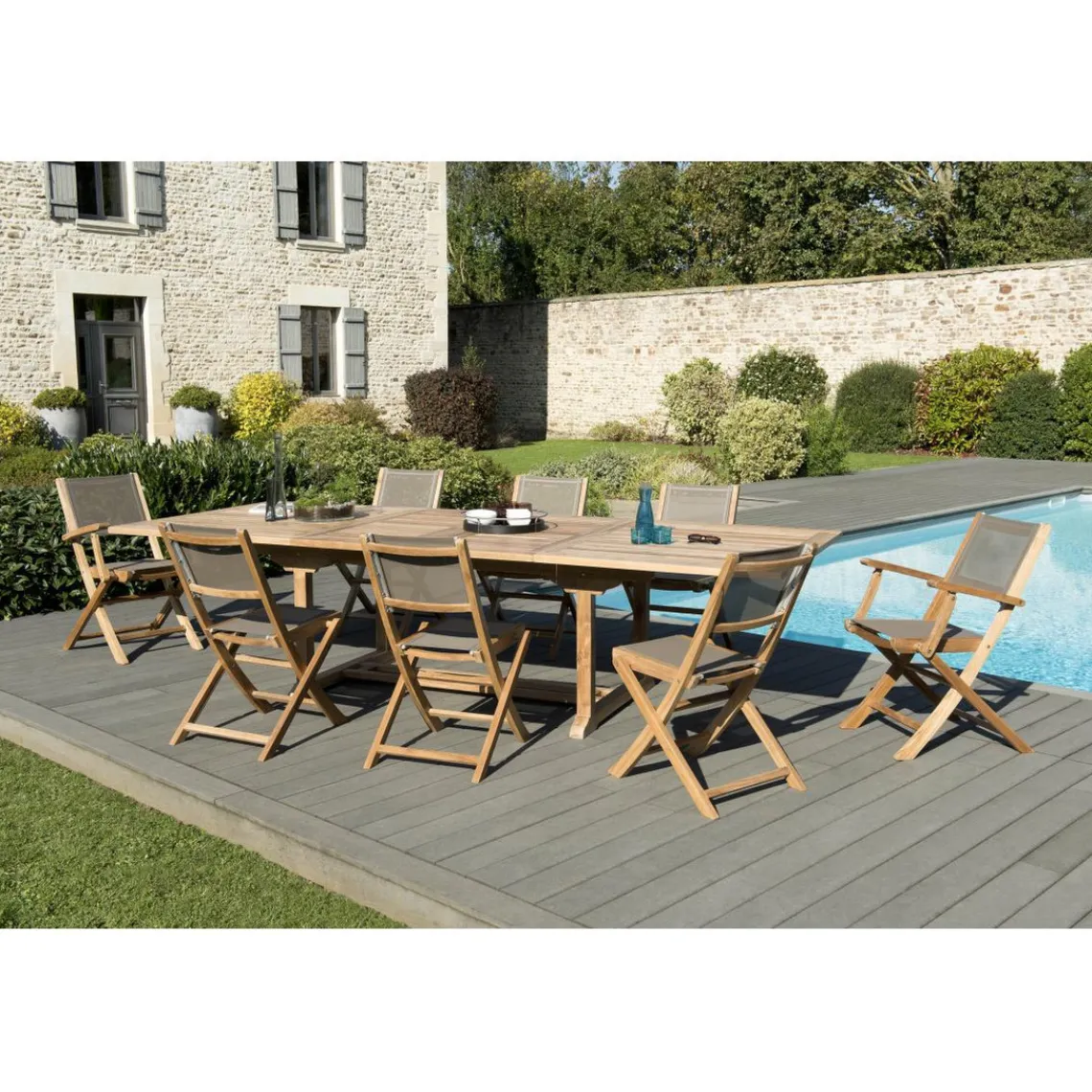 Macabane SALON DE JARDIN EN BOIS TECK 10/12 pers - Ensemble de jardin - 1 Table rectangulaire extensible 200*300/120 cm - 6 chaises et 2 fauteuils textilène couleur taupe Outlet