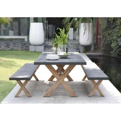 Macabane SALON DE JARDIN EN FIBRE DE BETON ET ACACIA 8 pers - Ensemble jardin - 1 Table rectangulaire 200*100 cm et 2 bancs Online